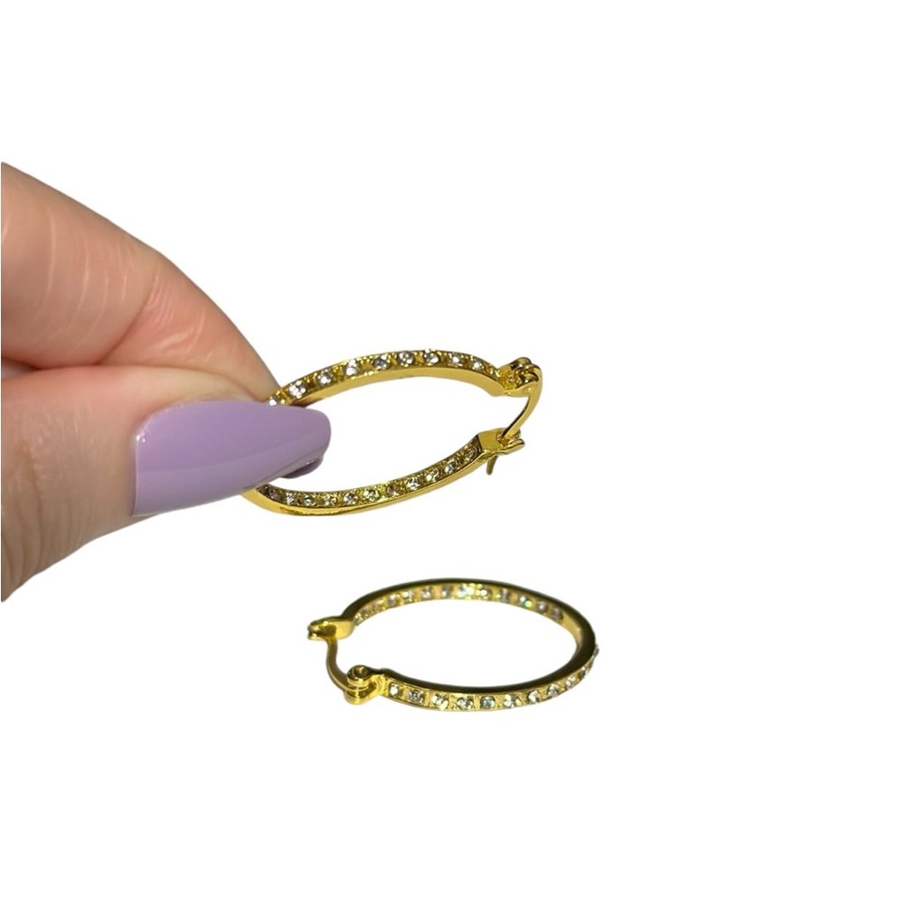 Gold Plated Rhinestone Oval Hoop Earrings - Picture 4 of 6
